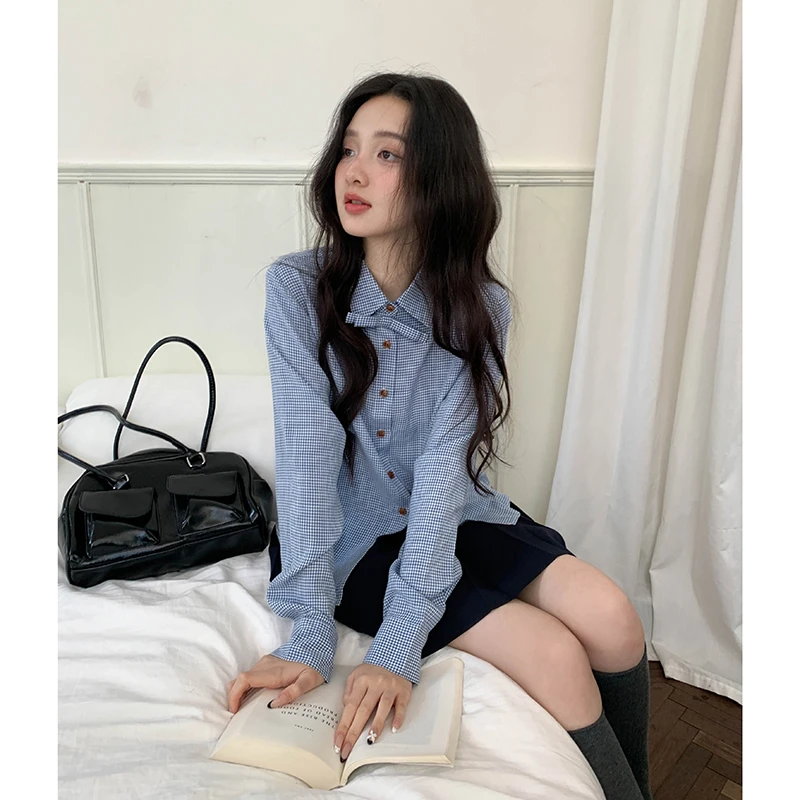 觅定蓝色格子长袖衬衫韩系减龄巨好看衬衣法式上衣DS12632