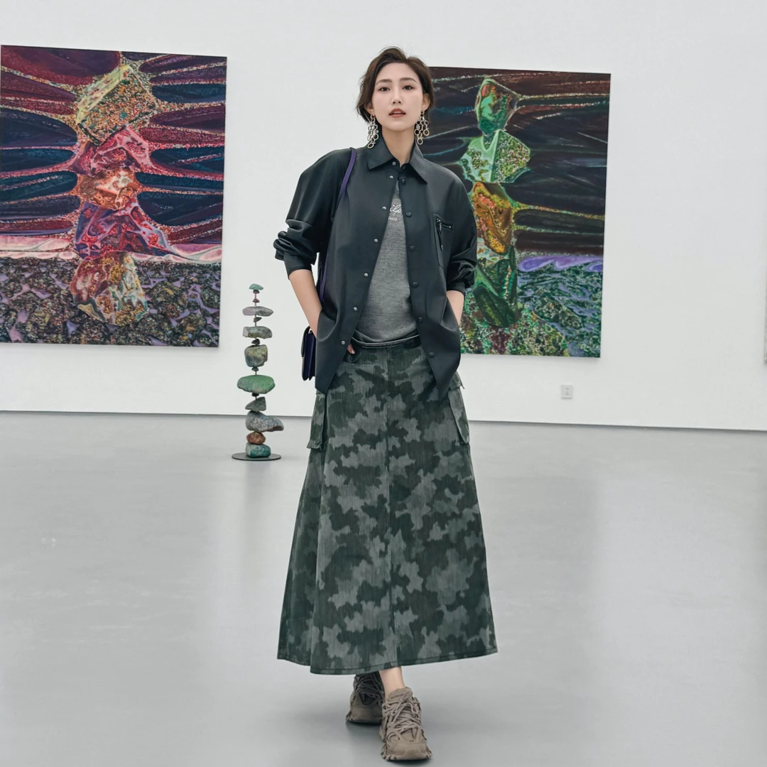 limil新款艺术迷彩优雅气质长款伞裙9200087