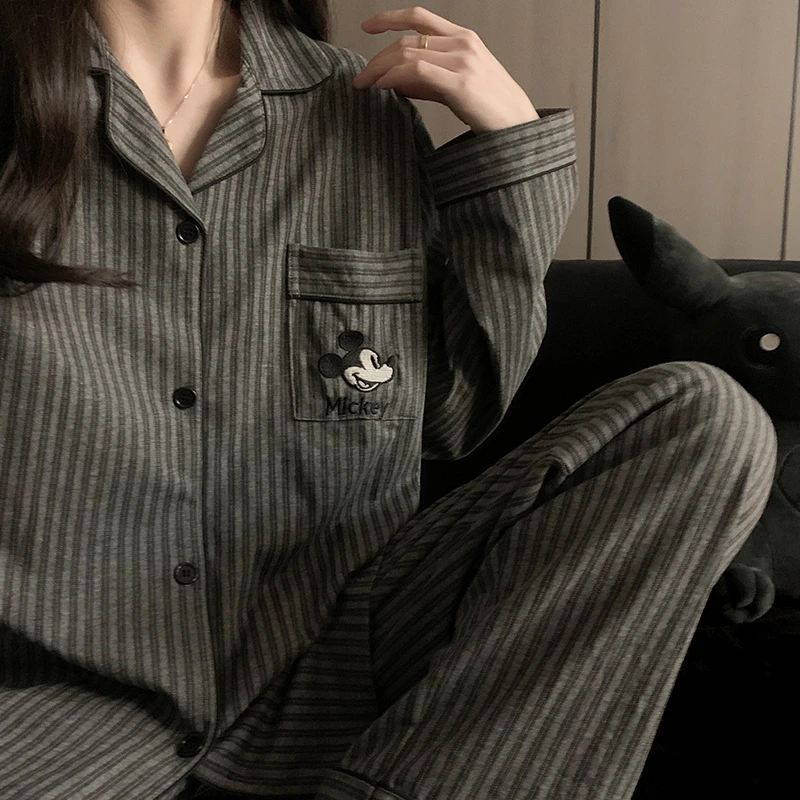 高级感灰色条纹米奇睡衣女简约长袖两件套装男士青少年宽松情侣款