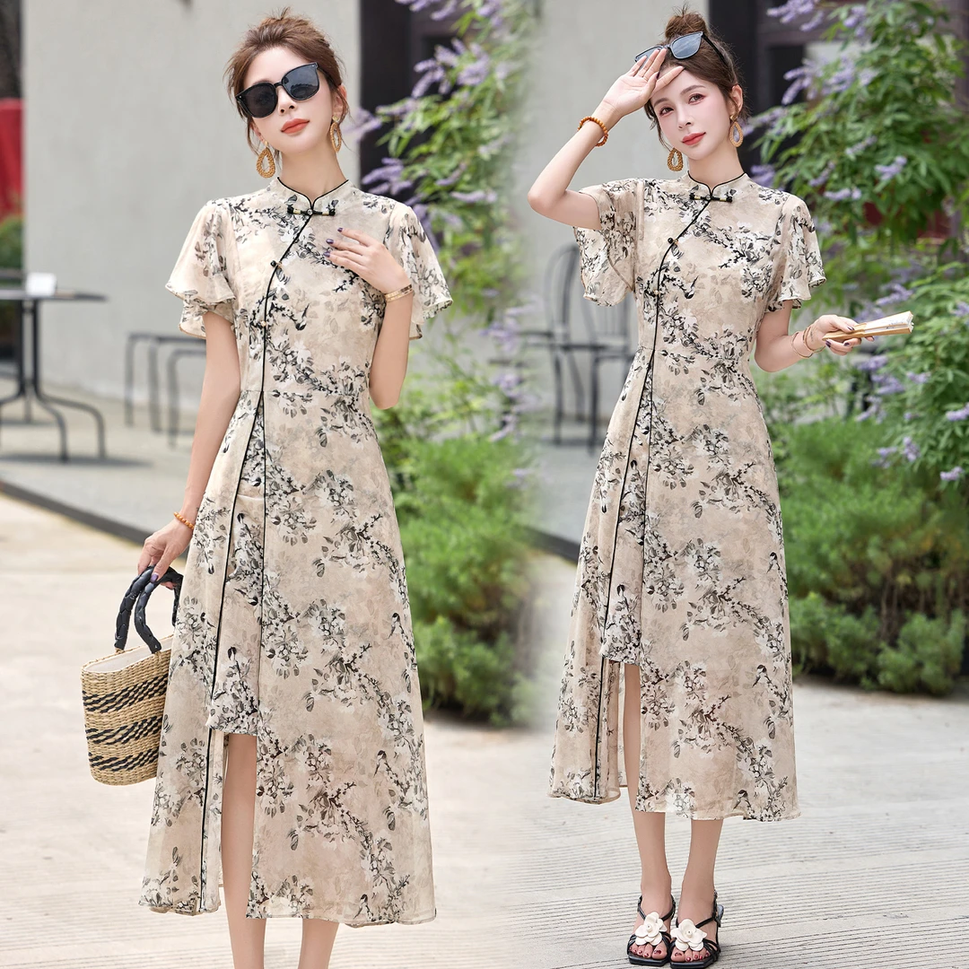 新中式国风水墨印花连衣裙女2025夏季新款复古盘扣气质中长款裙子