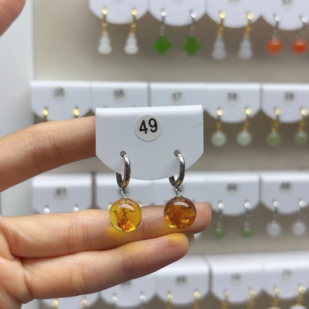 银S925镶嵌琥珀（花珀）耳饰