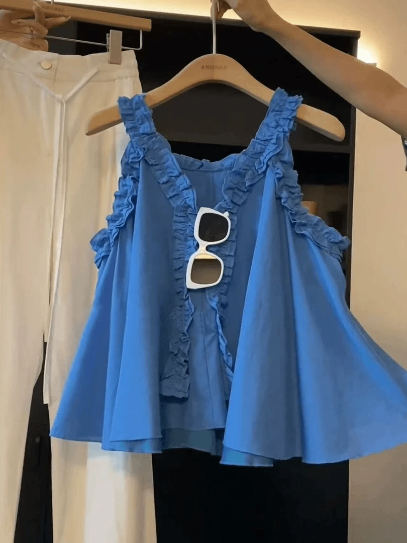 2025新款v领甜美设计感拼接木耳边无袖衬衫洋气时尚吊带上衣女