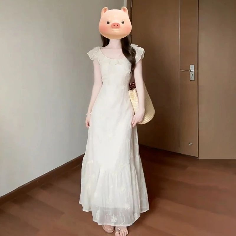 2436气质高级感温柔风花边飞飞袖连衣裙时尚泡泡袖度假风沙滩长裙