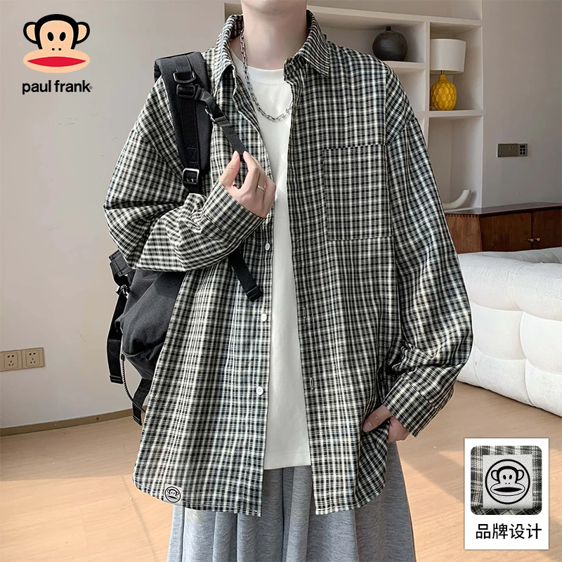 PaulFrank/大嘴猴翻领宽松长袖衬衫男士秋季新款圆领休闲格子衬衣