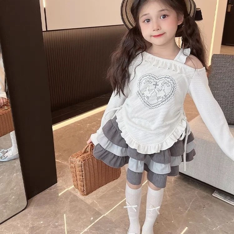儿童洋气露肩打底衫2025春秋季新款女童时髦半身裙套装女孩韩版