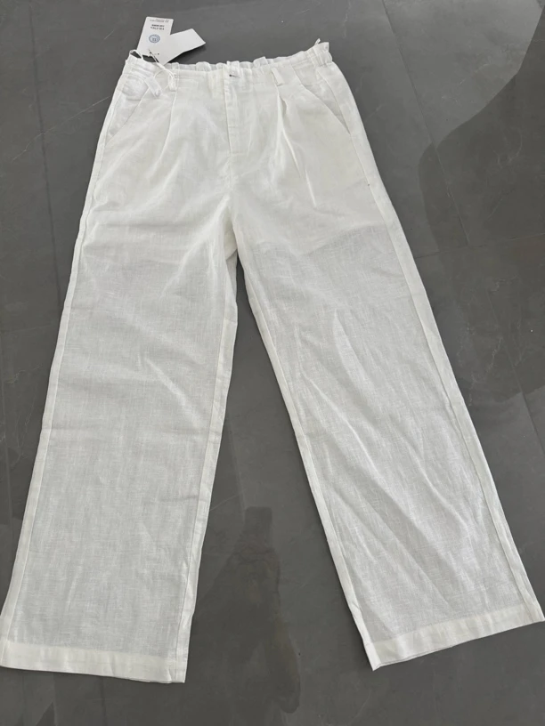 夏季时尚拉链款亚麻长裤白色宽松女士直筒裤