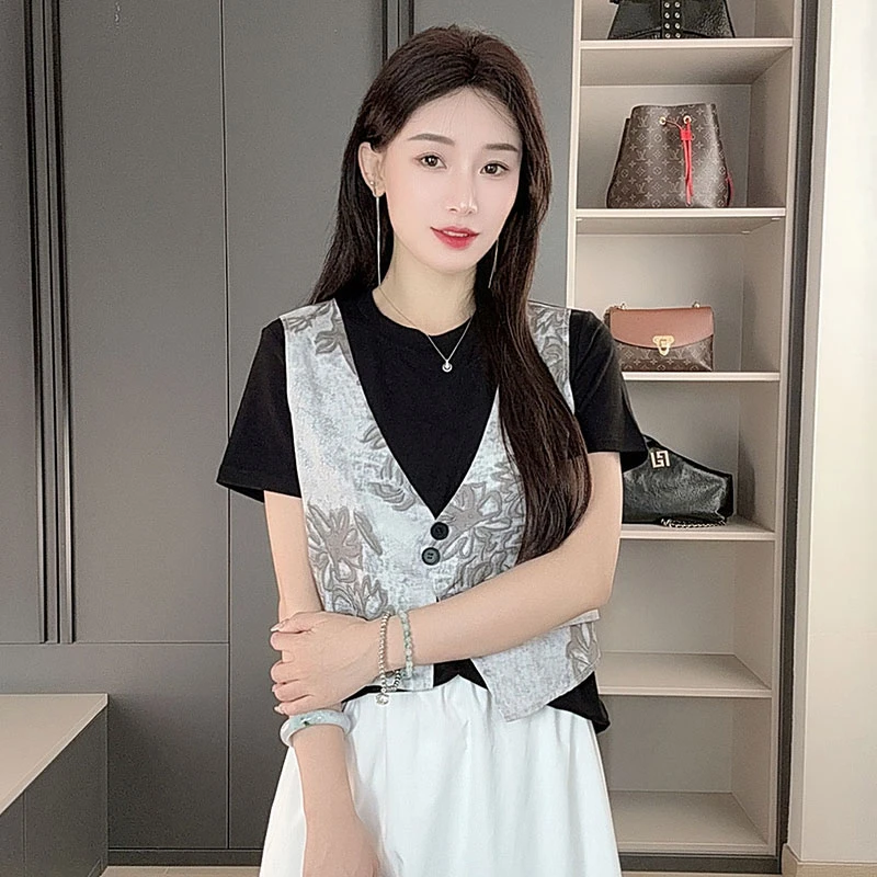 【珺主老师精选】共生美学假两件南油轻奢原创设计短袖女FYZ-YQ151