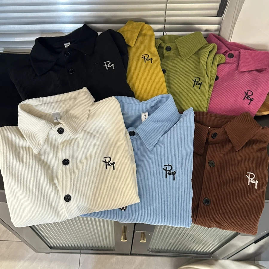 中大童上衣秋季休闲长袖春秋儿童衬衫韩版刺绣灯芯绒衬衫亲子款