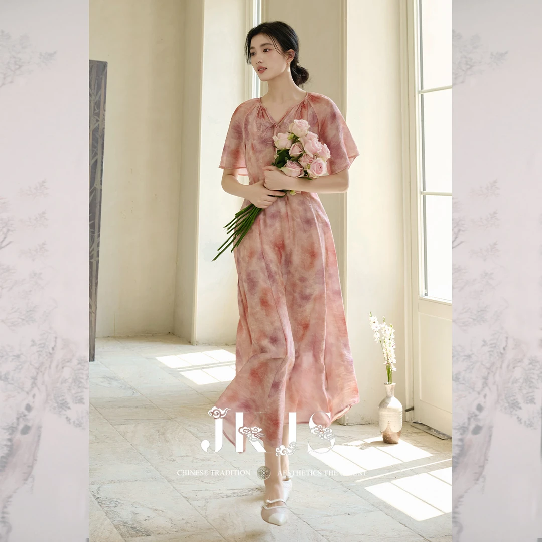 JKJS【禧谣寻】天丝新中式连衣裙轻奢高级感优雅国风V领碎花裙子