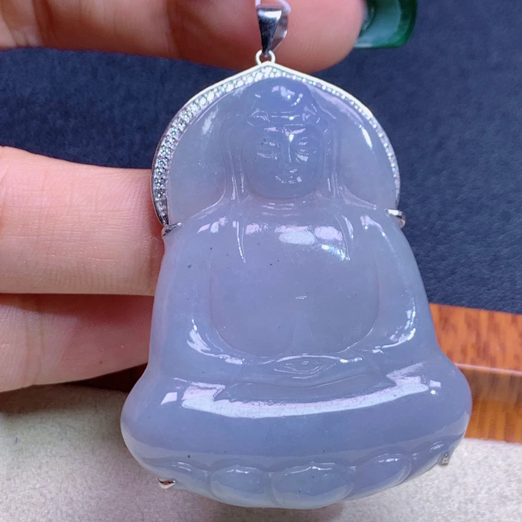 天然缅甸A货翡翠s925银冰胶素衣观音吊坠j整54石44.5/36.6/6.5mm