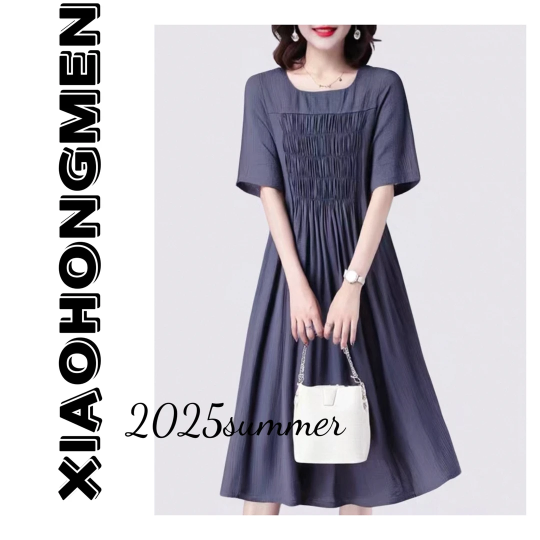 A367圆领夏季女装七分袖洋气方领淑女连衣裙中长款夏装