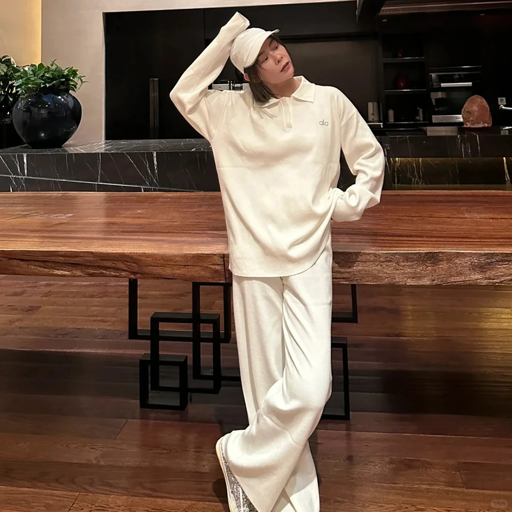 2025AL*老钱风针织套装简约休闲Polo领针织套头衫阔腿女卫衣套装