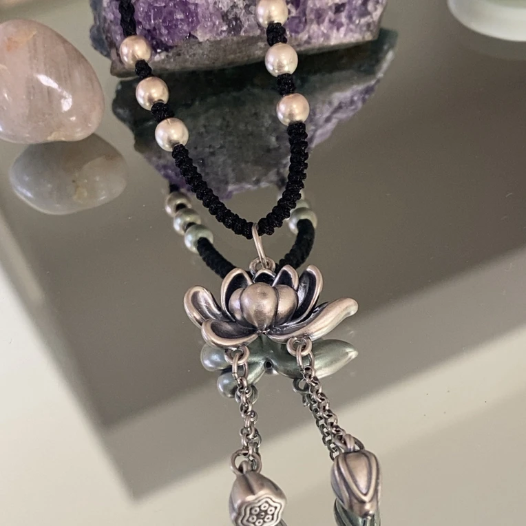 吊坠足银 足银999莲花两世欢手工编织项链时尚简约气质百搭