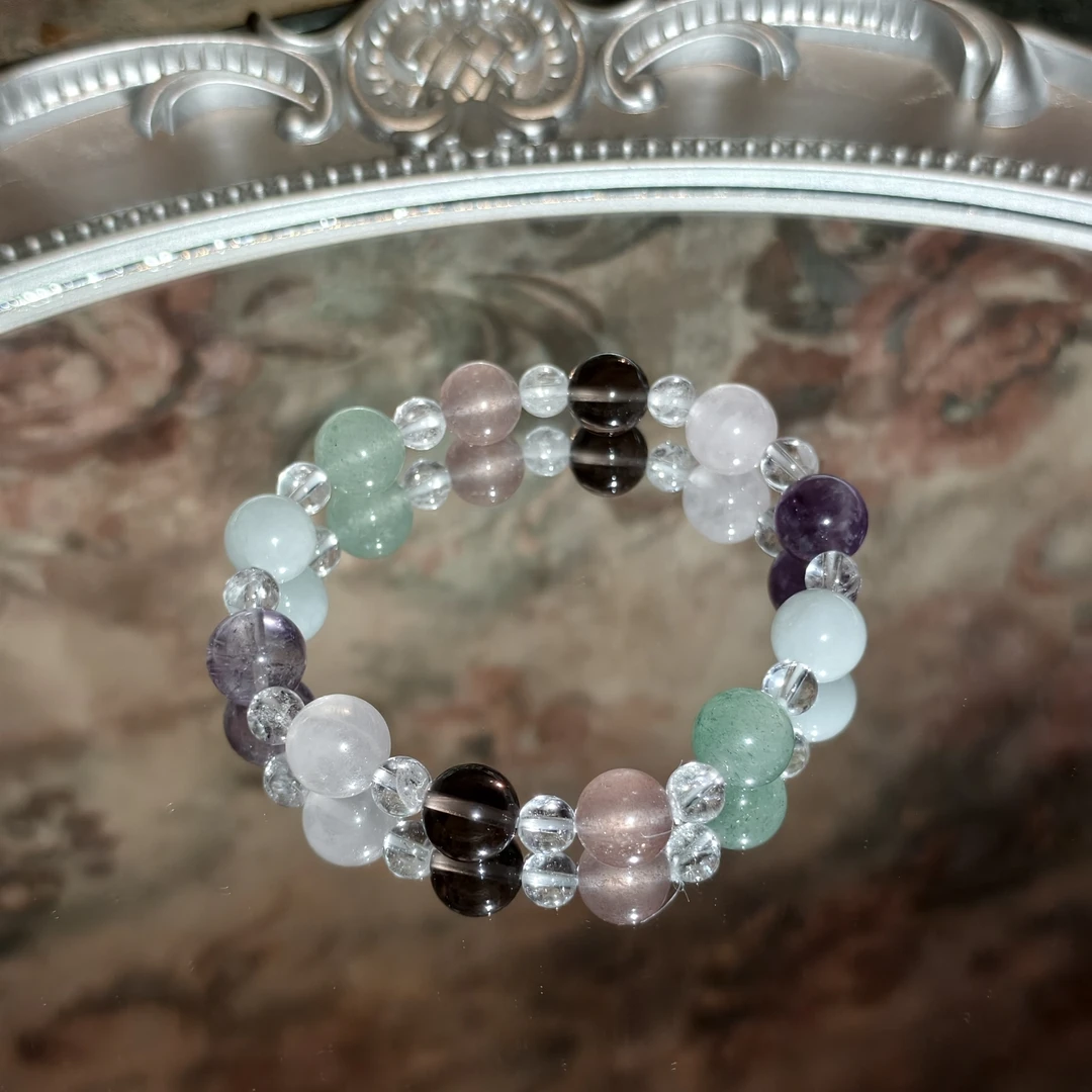 【大满贯】10mm天然海蓝宝+10mm冰曜石紫水晶粉水晶手串原创设计款