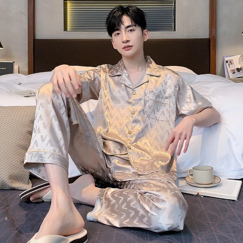高级感男士睡衣冰丝薄款夏季新款短袖长裤简约家居服套装