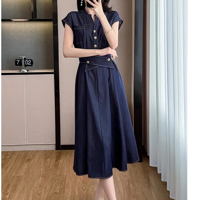 高级感薄款牛仔连衣裙女2025夏季新款收腰显瘦港风连衣长裙连衣裙