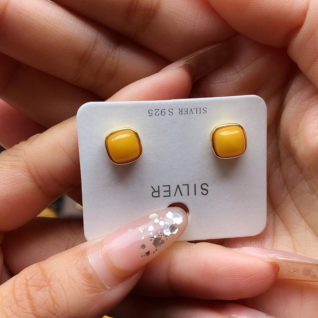 蜜蜡银S925镶嵌耳饰耳钉