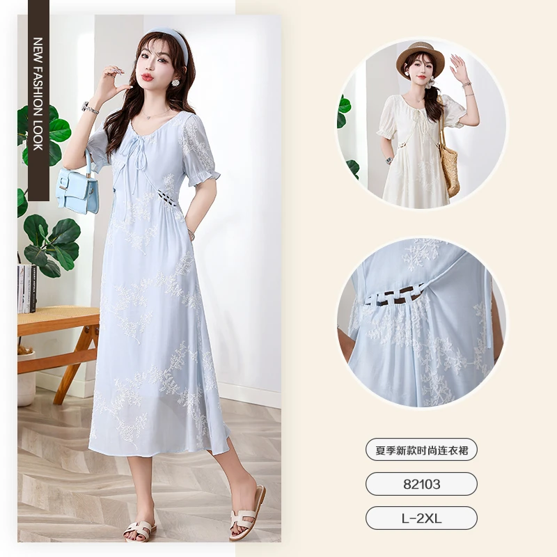 2025夏季新品时尚刺绣短袖连衣裙-82103