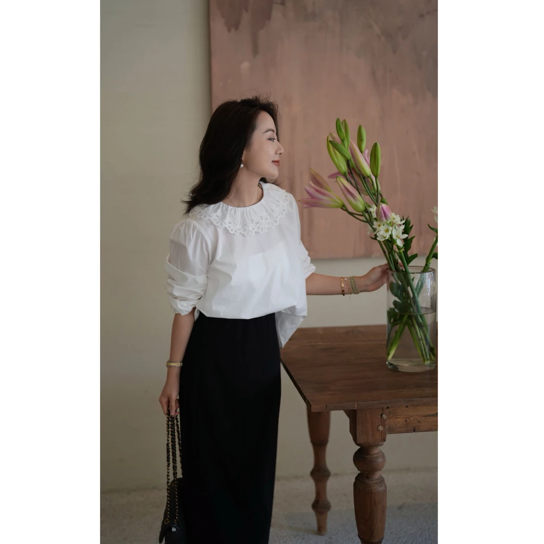 <特价款NO退NO换！！>MEIYINA定制（花序）定制刺绣领欧尼长袖衬衫