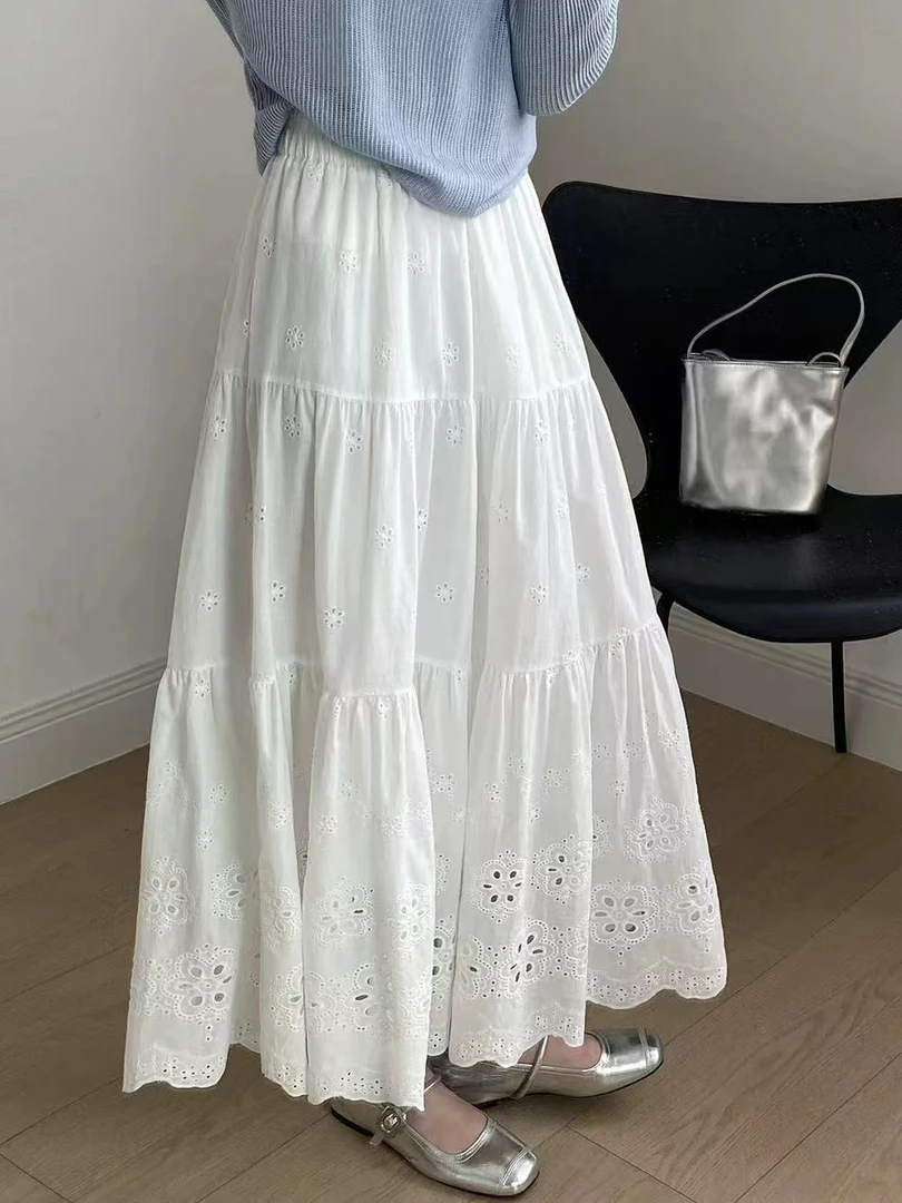 纯色成人镂空高腰茶歇风半身裙显瘦拼接纱裙百搭A字短裙