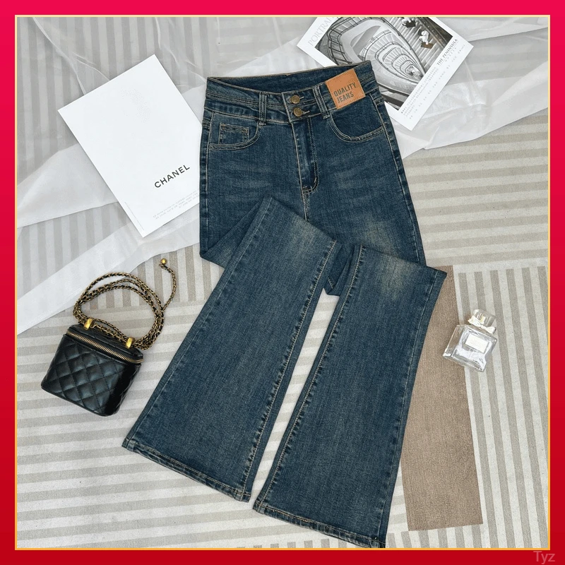 修身显瘦秋冬显新款微喇叭牛仔裤女长双排扣腿裤蓝百搭高腰复古