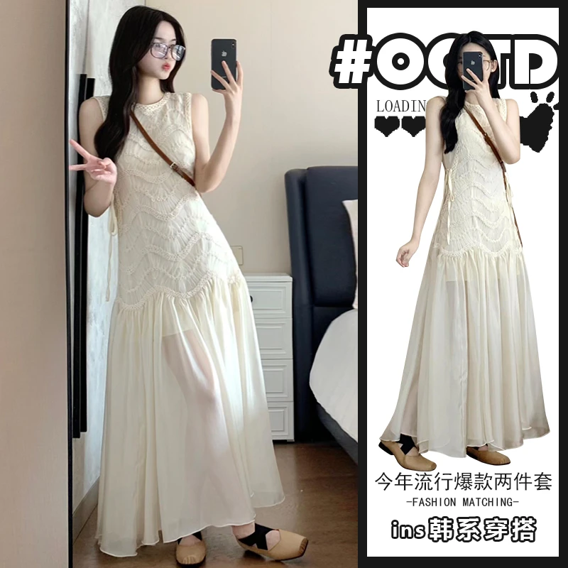 法式背心收腰长裙2025夏季新款高级感蕾丝拼接连衣裙气质轻奢裙子
