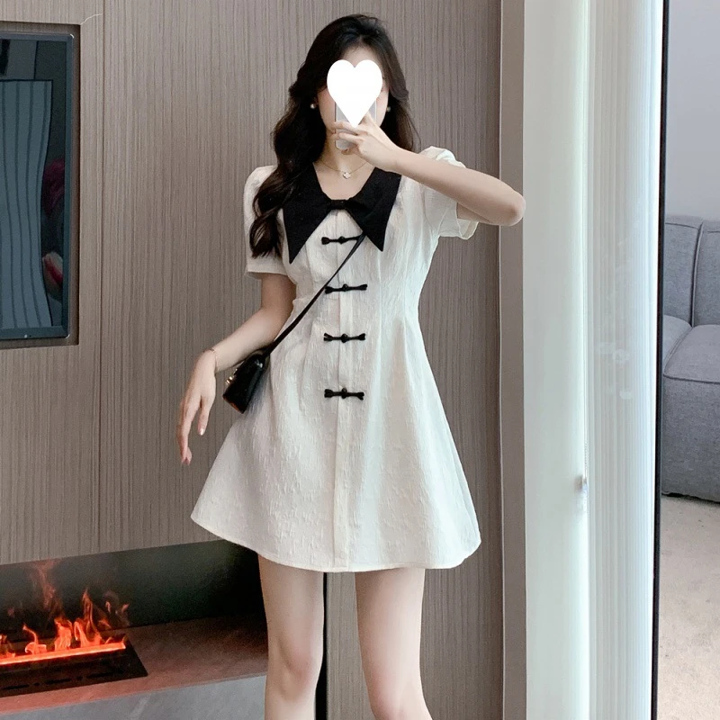YH-大码女装娃娃领遮肚显瘦提花小香风新款法式V领连衣裙63748