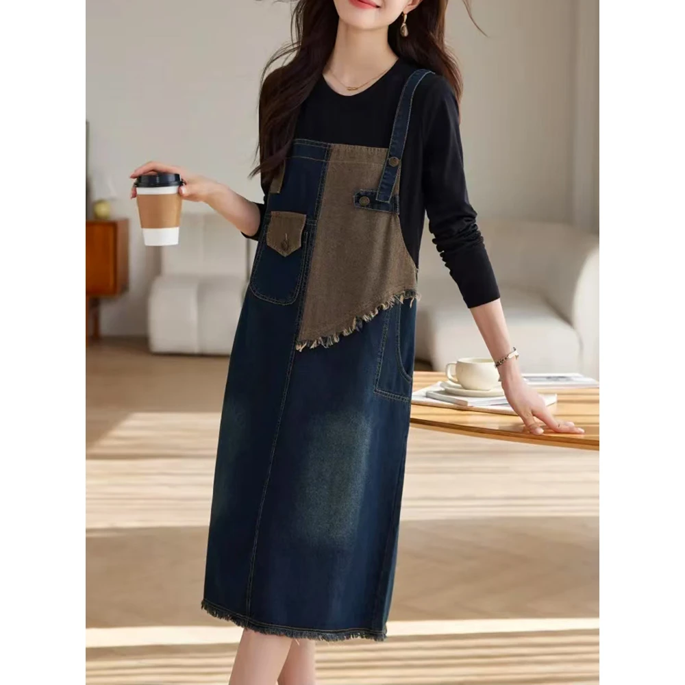 牛仔假两件背带裙春季新款牛仔裙时尚洋气设计感