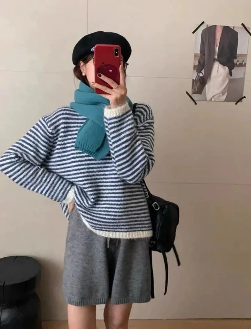 合辑链接）001-100针织毛针织衫秋冬条纹高领针织衫外套①⑦