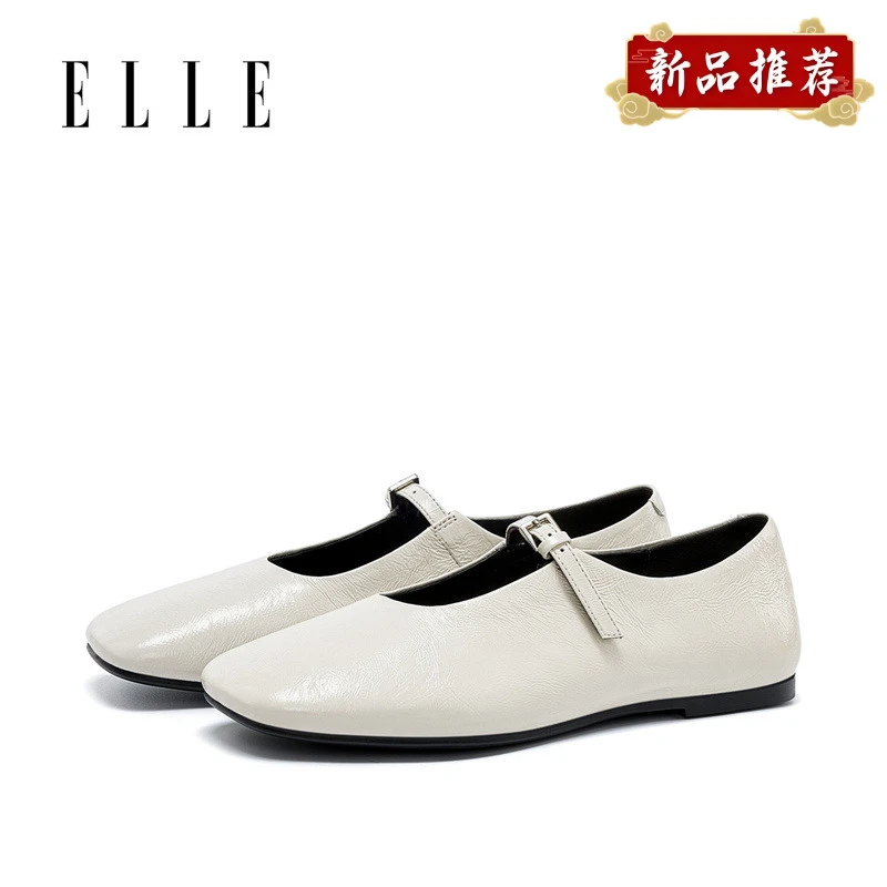 ELLE复古尖头玛丽珍鞋女2025春季新款法式粗跟一字扣带低跟小皮鞋