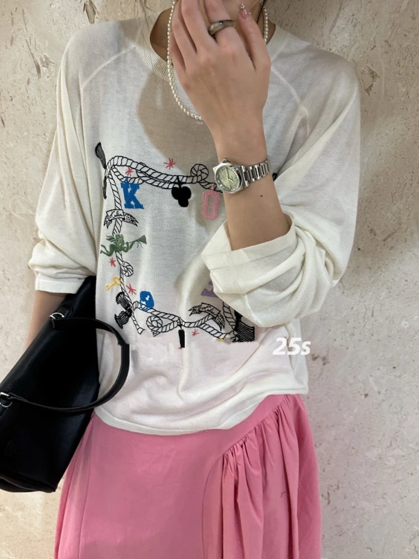 9058小众趣味印花薄款长袖T恤女宽松防晒罩衫上衣