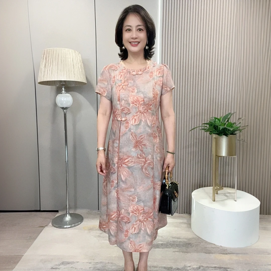 25123夏季优雅气质妈妈装时尚宽松舒适盘扣连衣裙