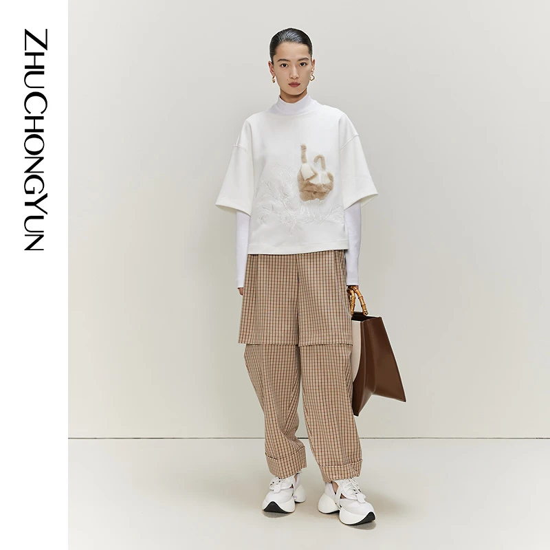 ZHUCHONGYUN春新款通勤时尚格纹可拆卸羊毛长裤女士