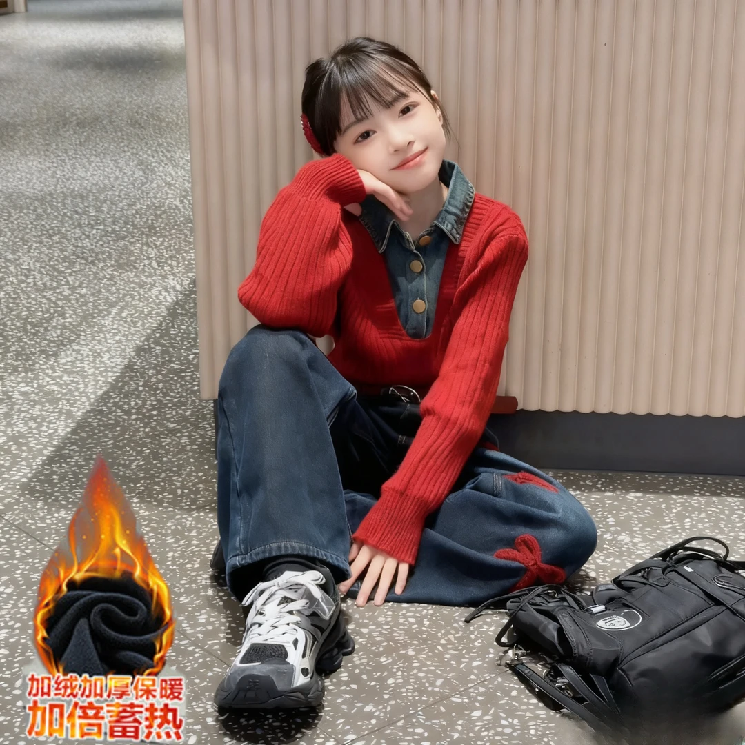 女童冬季洋气加绒牛仔裤套装时髦童装针织毛衣两件套2024秋冬新款