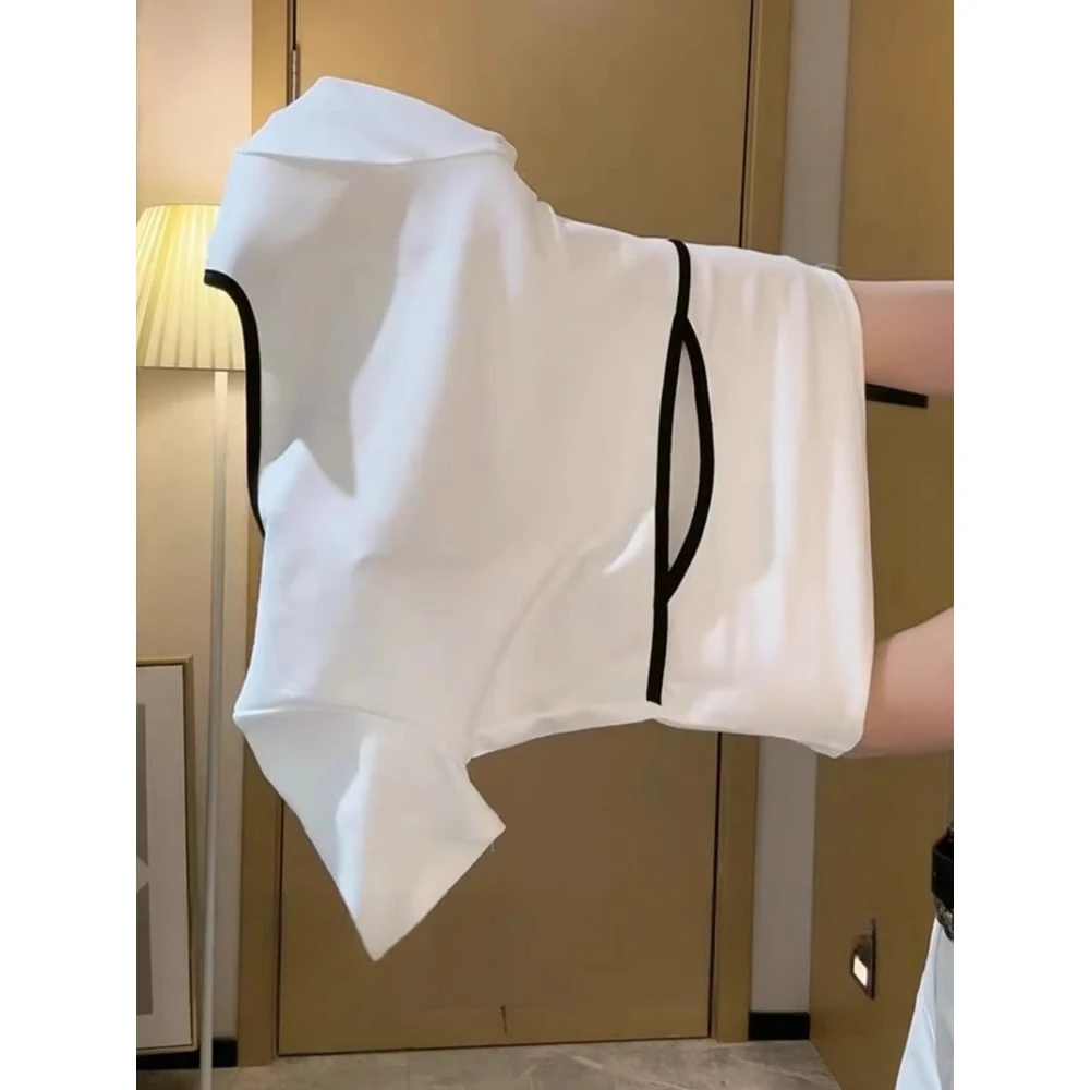 韩系时尚镂空露背短袖T恤女2025夏季新款字母印花修身方领小上衣