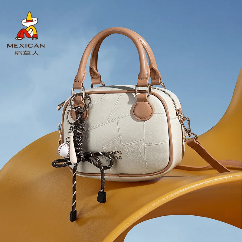 稻草人包包女新款斜挎包拼接风小众波士顿包通勤手提包高级感女包