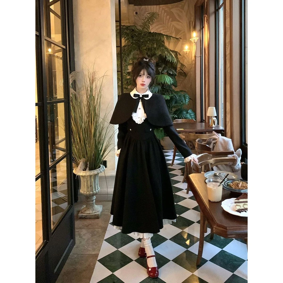 予夜诗 法式复古温柔优雅千金风套装斗篷披肩+撞色连衣裙两件套女