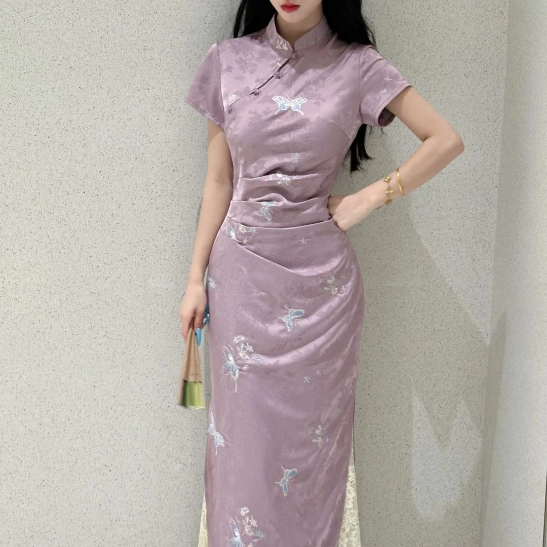 画报夫人原创自制国风甜美刺绣紫色中国风旗袍 蝶落纸上