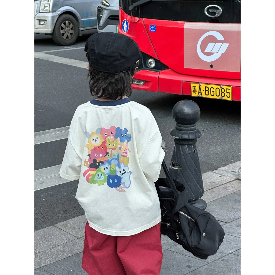 2025年夏季新款儿童T恤上衣男女童韩版美式短袖印花时尚百搭潮酷