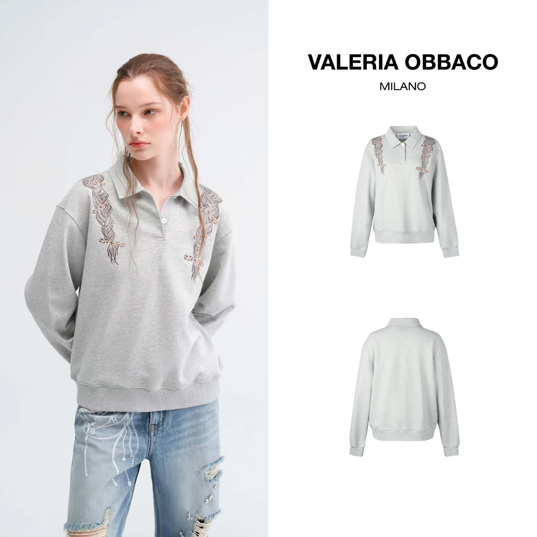VALERIAOBBACO/瓦莱丽娅 奥贝科 VO灰色麻花辫polo卫衣