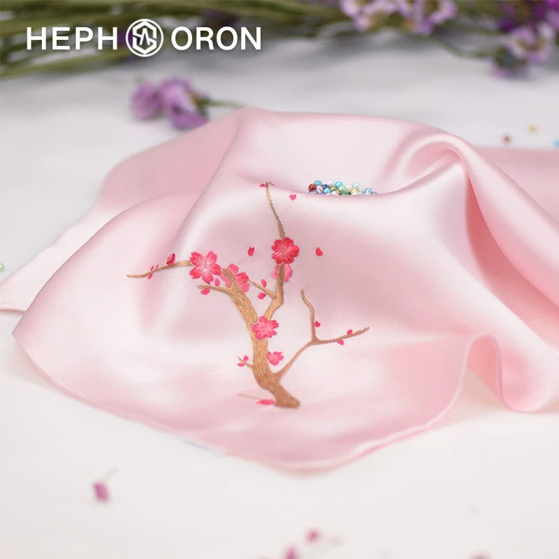 HEPHSORON苏绣丝巾礼盒送妈妈粉色刺绣薄款披肩桑蚕丝真丝小方巾
