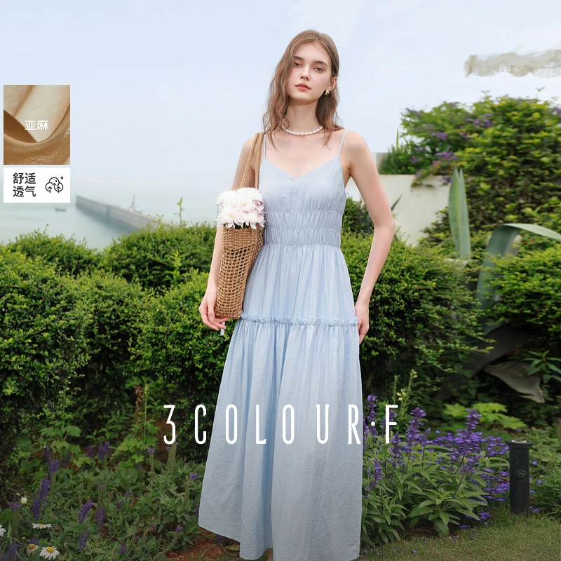 【亚麻】三彩独醒2025夏季新款V领吊带裙褶皱收腰连衣裙长裙女F