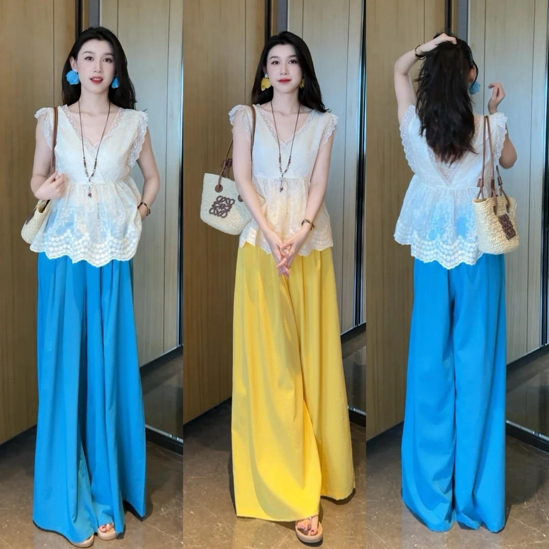 夏季韩系个性穿搭V领蕾丝边小飞袖上衣+休闲阔腿裤两件套