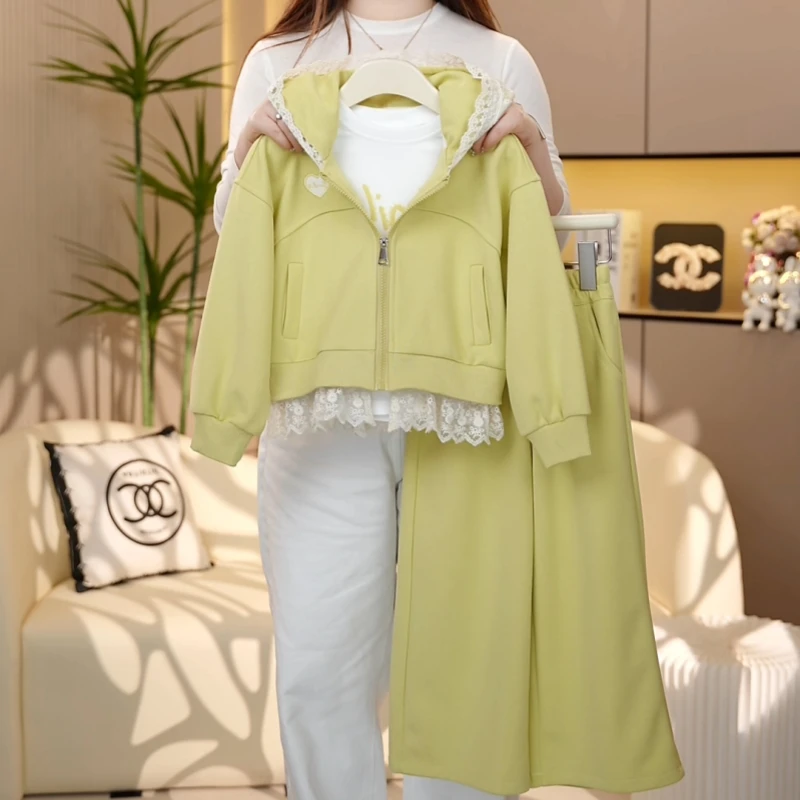 【糖宝魔豆】2025女童春秋新款运动洋气时尚休闲蕾丝帽韩版针织套装