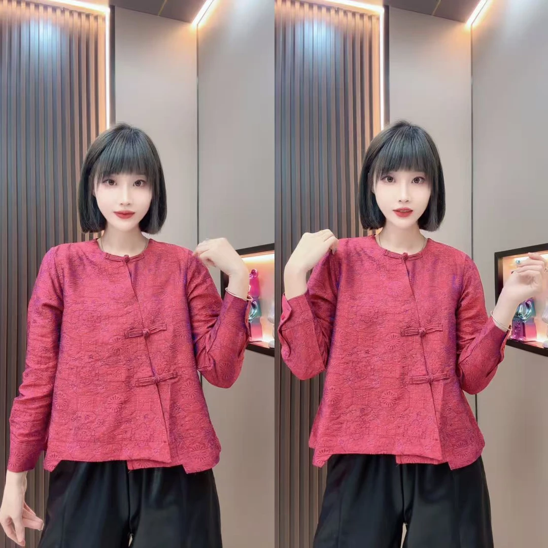 敏宝＋厚款提花常规款斜襟花纹中厚长袖上衣圆领提花
