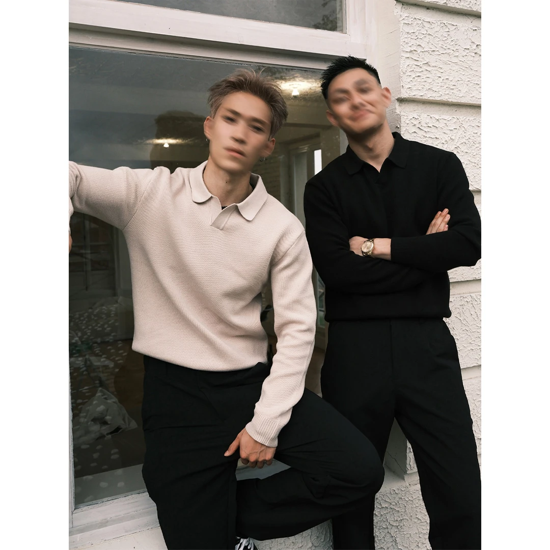 美式海鸥领polo衫男痞帅高级感翻领毛衣长袖打底v领针织衫老钱风