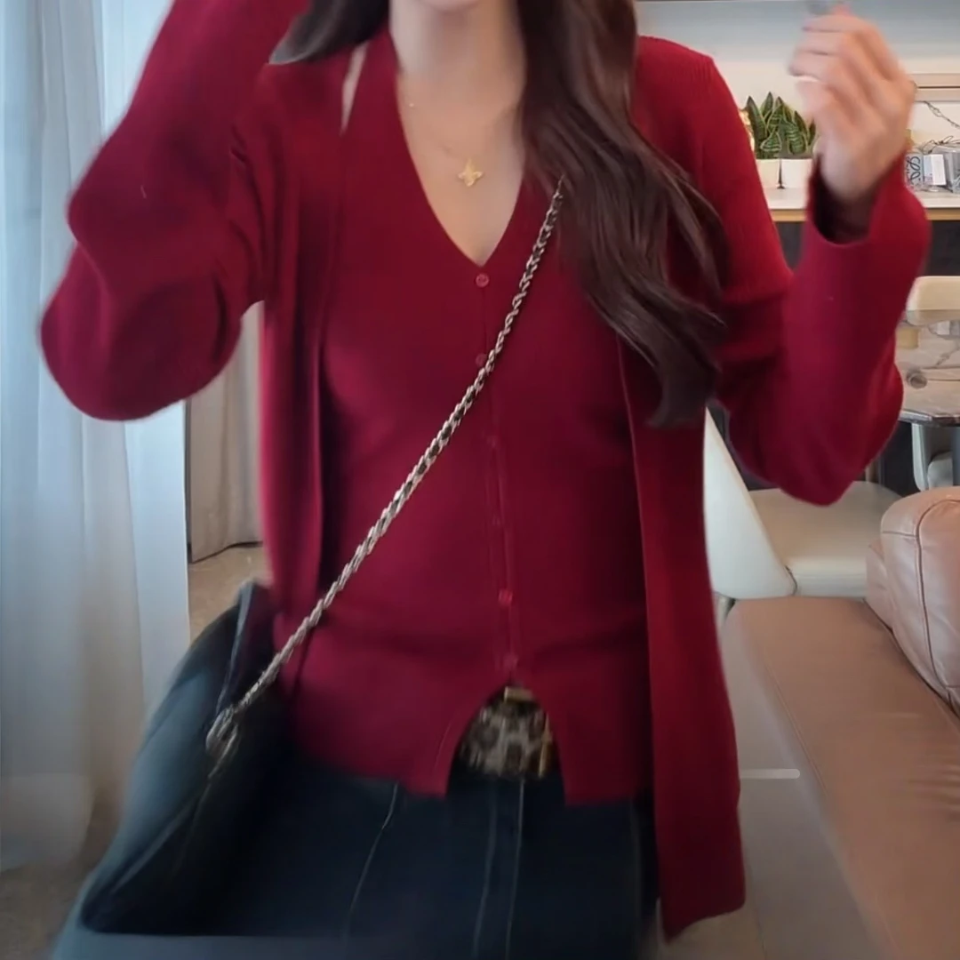 设计感挂脖针织背心开衫两件套女2025新款秋季纯色长袖气质套装