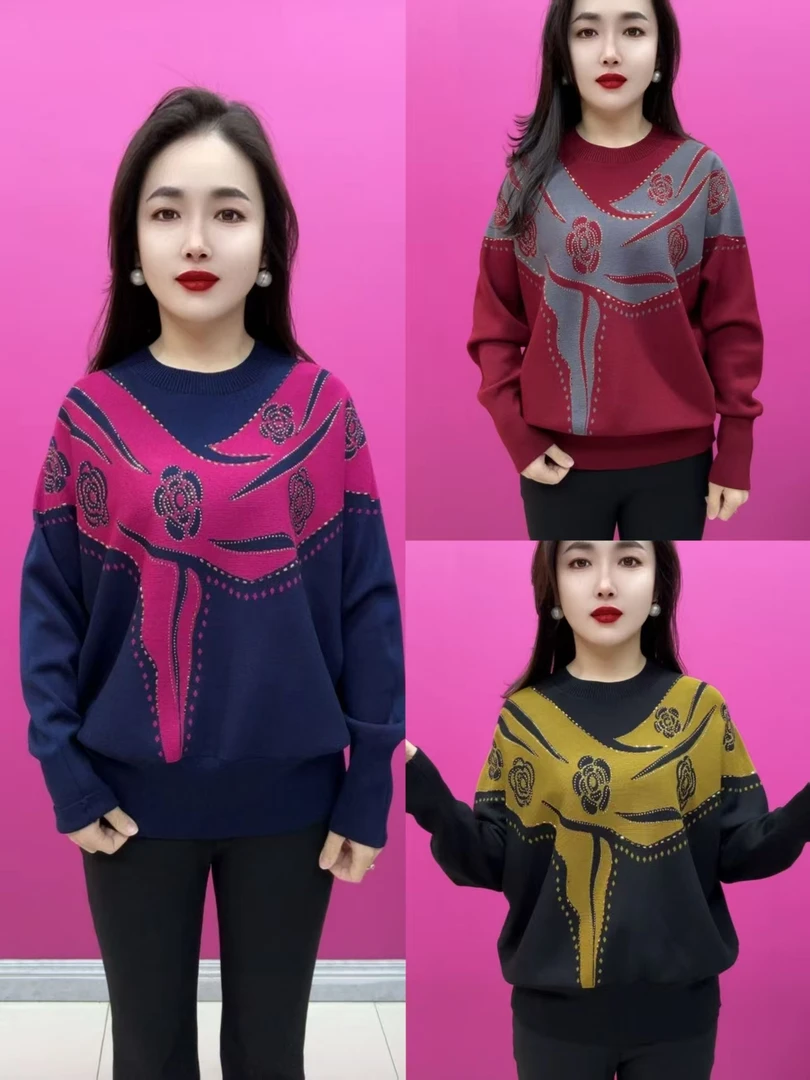 2621款V钻大花圆领蝙蝠袖针织衫