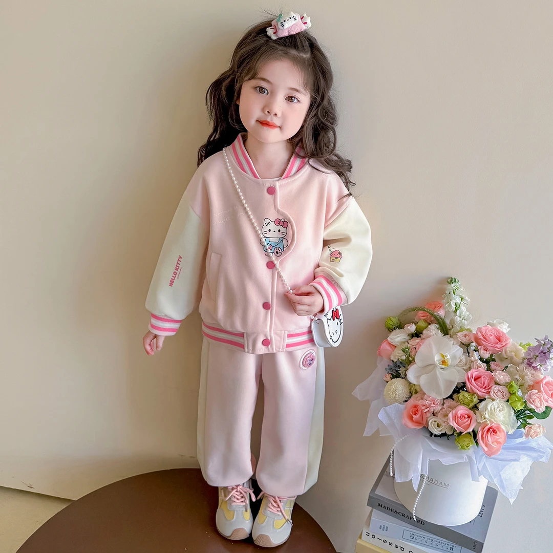 女童秋装棒球服套装2025新款洋气小童秋季夹克衫卡通KT猫宝宝衣服