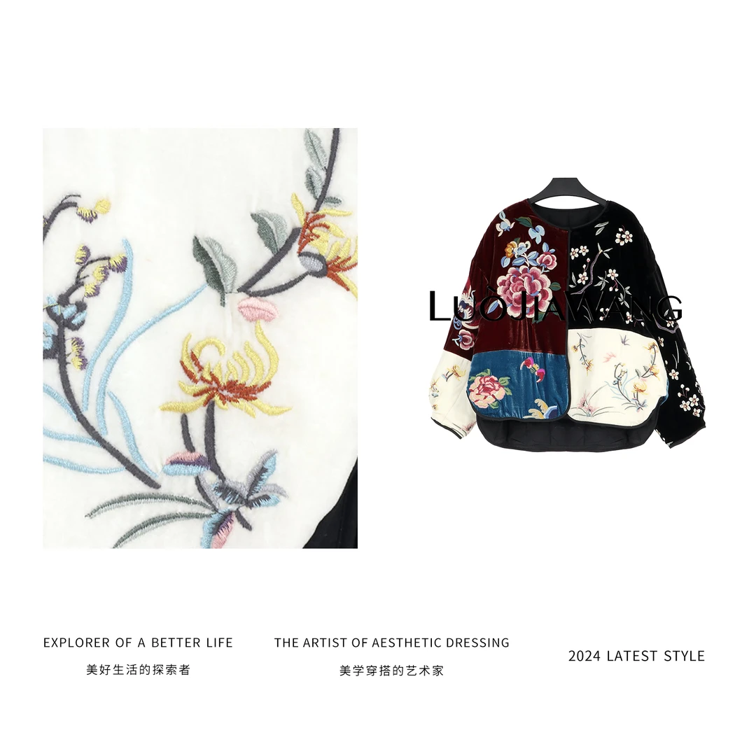 【年画娃娃】桑蚕丝丝绒白鸭绒单片绣花拼接羽绒服LUOJIAWANG